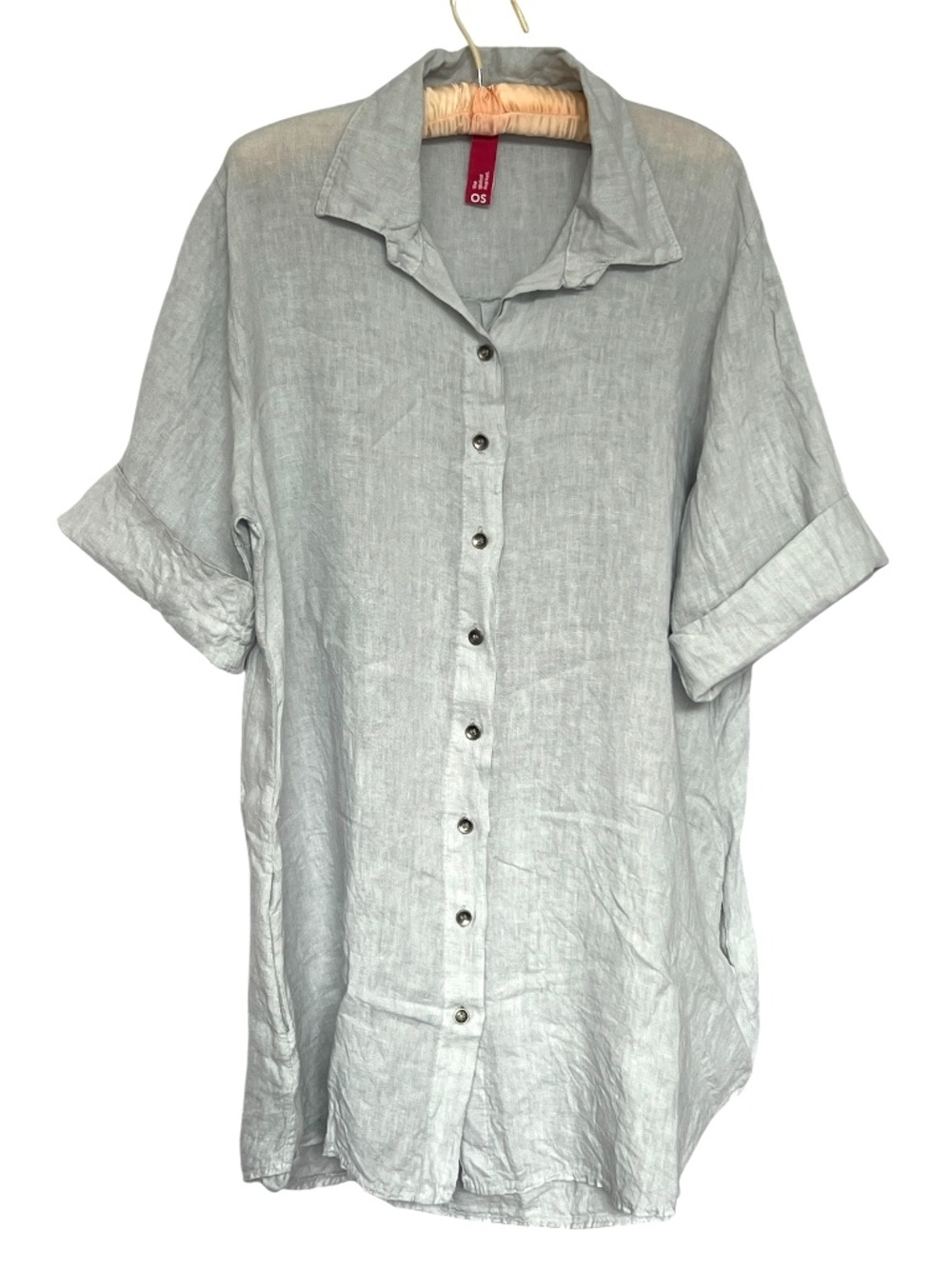 Caposhie Shirt Dress 100%  Linen One Size Pale Blue Pockets Button Up